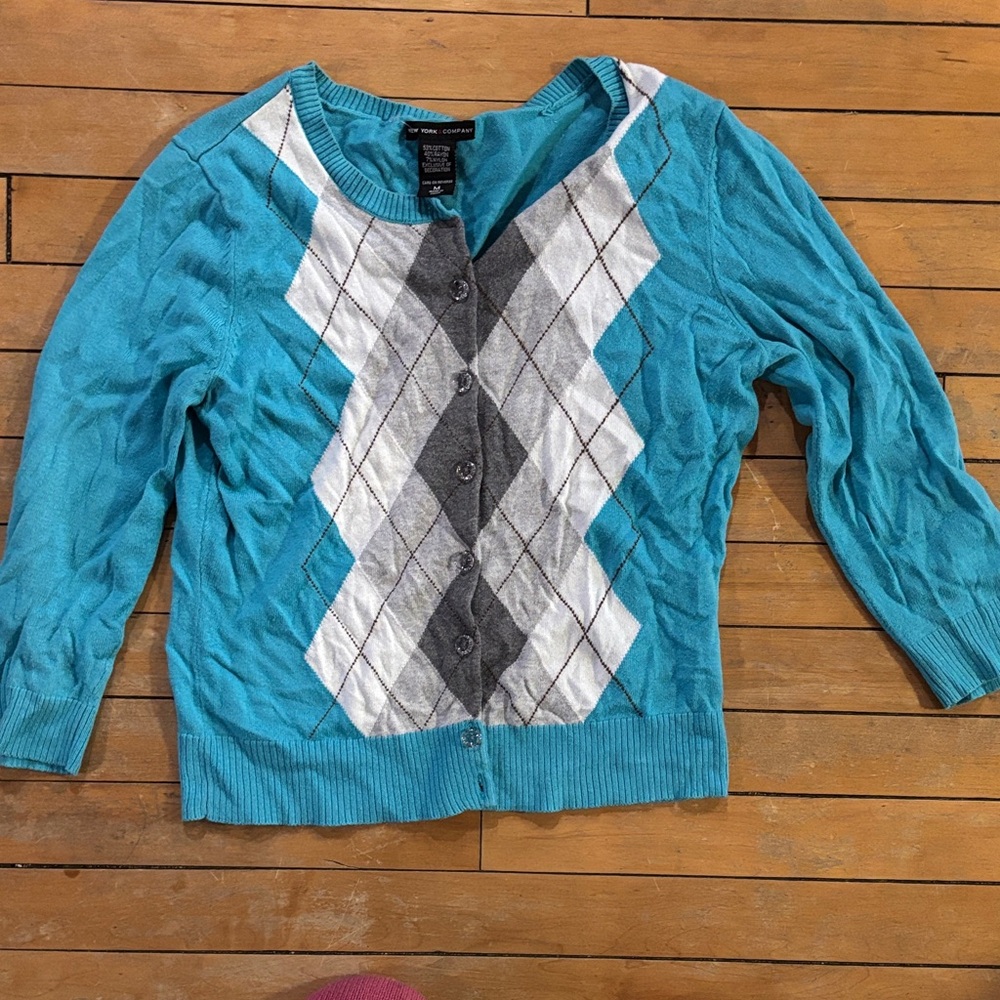 New York & Company Teal and Gray Argyle Sweater